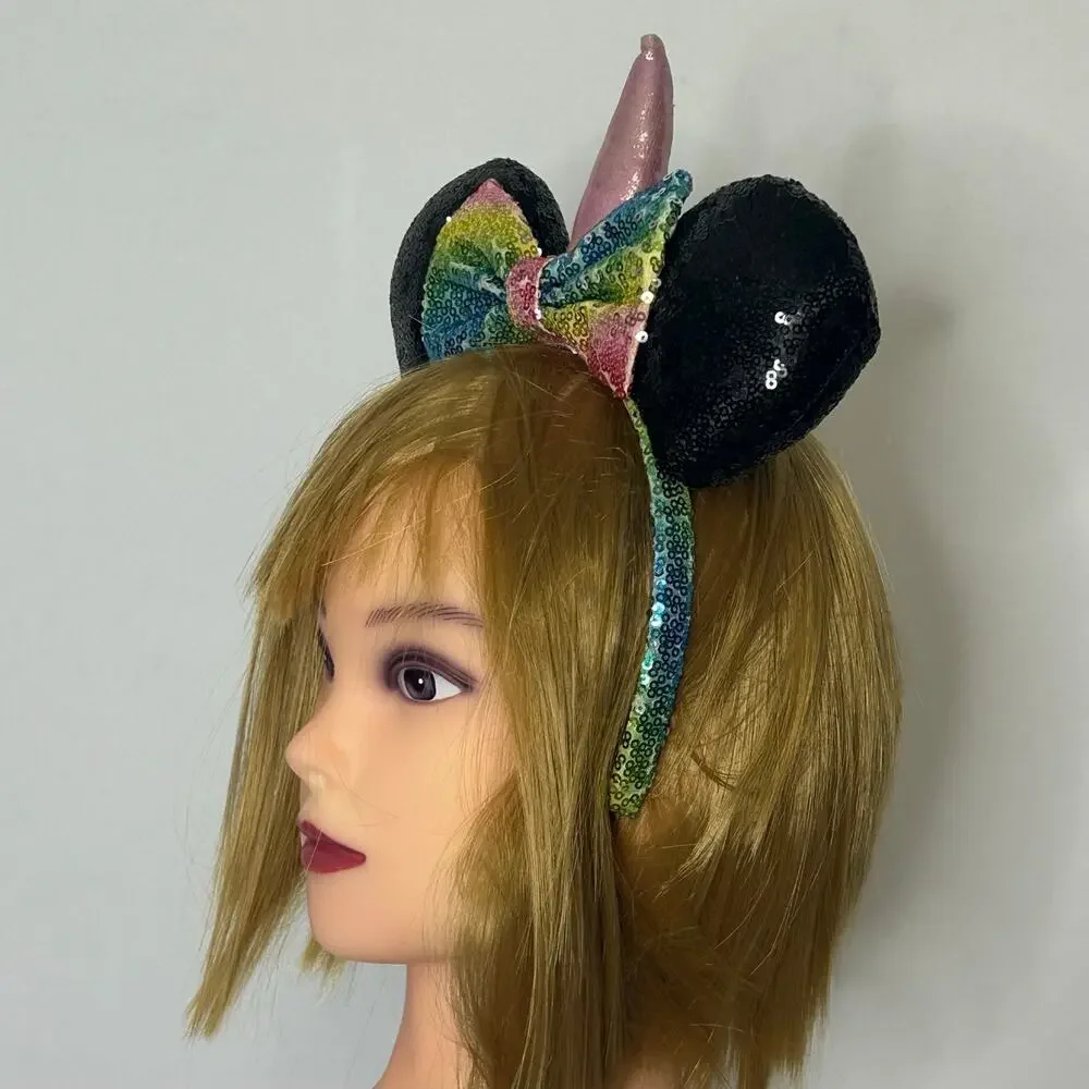 Disney Unicorn Minnie Mouse Ears Rainbow Sequin Bow Pink Horn Headband